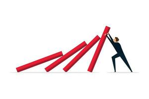 Resilience in business. A self-assured, powerful businessman deflects falling dominoes. vector