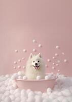 linda Samoyedo perro en un pequeño bañera con jabón espuma y burbujas, linda pastel colores, generativo ai. foto