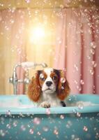 Cute Cavalier King Charles Spaniel dog in a small bathtub with soap foam and bubbles, cute pastel colors, . photo