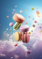 Macaron Dessert. Colorful Macaroons Flying, French macaron cookies, Sweet dessert. photo