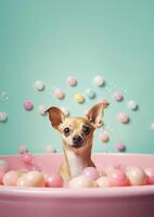 Cute chihuahua dog in a small bathtub with soap foam and bubbles, cute pastel colors, . photo