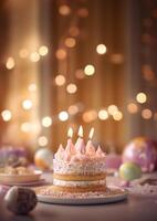 Birthday colorful cake decorated with sweets, Birthday cake with candles, . photo