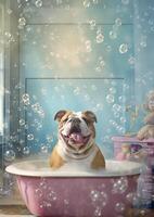 linda buldog perro en un pequeño bañera con jabón espuma y burbujas, linda pastel colores, generativo ai. foto