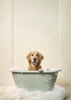 Cute golden retriever dog in a small bathtub with soap foam and bubbles, cute pastel colors, . photo