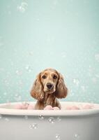 Cute English Cocker Spaniel dog in a small bathtub with soap foam and bubbles, cute pastel colors, . photo