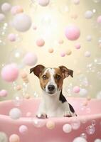 Cute Jack Russell Terrier dog in a small bathtub with soap foam and bubbles, cute pastel colors, . photo