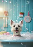 Cute cairn terrier dog in a small bathtub with soap foam and bubbles, cute pastel colors, . photo