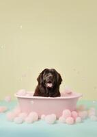 linda Terranova perro en un pequeño bañera con jabón espuma y burbujas, linda pastel colores, generativo ai. foto