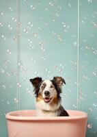 Cute Border collie dog in a small bathtub with soap foam and bubbles, cute pastel color, . photo