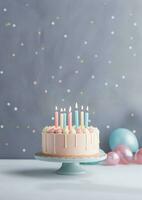 Birthday colorful cake decorated with sweets, Birthday cake with candles, generative ai. photo