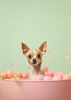 Cute chihuahua dog in a small bathtub with soap foam and bubbles, cute pastel colors, . photo