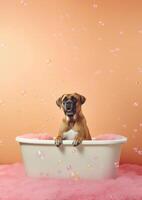 Cute bullmastiff dog in a small bathtub with soap foam and bubbles, cute pastel colors, . photo