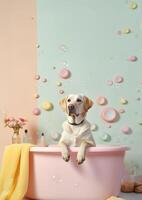 Cute labrador retriever dog in a small bathtub with soap foam and bubbles, cute pastel colors, . photo