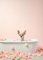 Cute chihuahua dog in a small bathtub with soap foam and bubbles, cute pastel colors, . photo