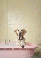 Cute labrador retriever dog in a small bathtub with soap foam and bubbles, cute pastel colors, . photo