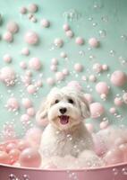 linda habanero perro en un pequeño bañera con jabón espuma y burbujas, linda pastel colores, generativo ai. foto