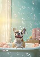 Cute french bulldog dog in a small bathtub with soap foam and bubbles, cute pastel colors, . photo