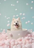 linda Samoyedo perro en un pequeño bañera con jabón espuma y burbujas, linda pastel colores, generativo ai. foto