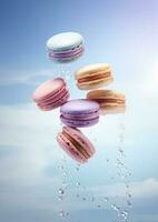 Macaron Dessert. Colorful Macaroons Flying, French macaron cookies, Sweet dessert. photo