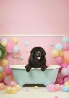 Cute newfoundland dog in a small bathtub with soap foam and bubbles, cute pastel colors, . photo