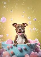 Cute American pit bull dog in a small bathtub with soap foam and bubbles, cute pastel colors, . photo