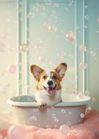 linda pembroke galés corgi perro en un pequeño bañera con jabón espuma y burbujas, linda pastel colores, generativo ai. foto