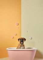 Cute bullmastiff dog in a small bathtub with soap foam and bubbles, cute pastel colors, . photo