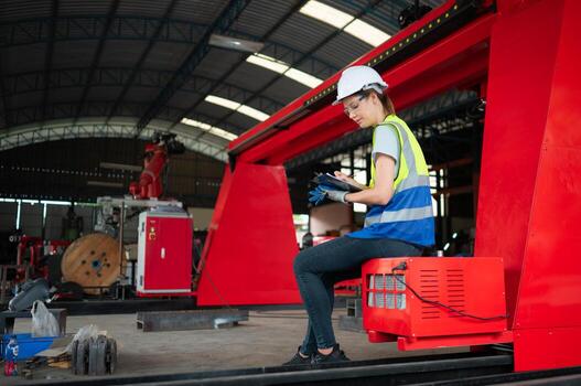 un ingenieros instalando y pruebas un grande robótico brazo. antes de enviando eso a clientes para utilizar en el industria foto