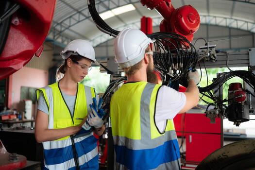 ambos de ingenieros instalando y pruebas un grande robótico brazo. antes de enviando eso a clientes para utilizar en el industria foto