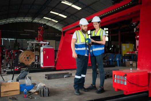ambos de ingenieros instalando y pruebas un grande robótico brazo. antes de enviando eso a clientes para utilizar en el industria foto