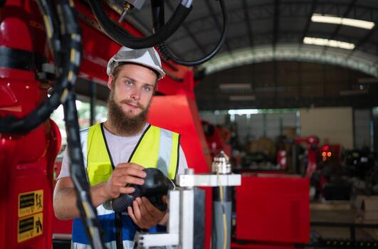 un ingenieros instalando y pruebas un grande robótico brazo. antes de enviando eso a clientes para utilizar en el industria foto