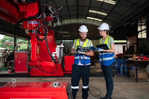ambos de ingenieros instalando y pruebas un grande robótico brazo. antes de enviando eso a clientes para utilizar en el industria foto