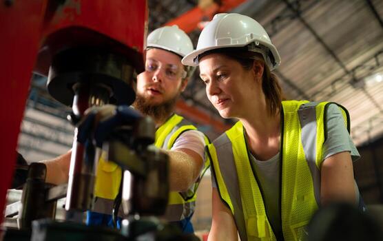 Both of mechanical engineers are checking the working condition of the new machine after completing the installation photo