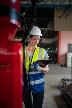 un ingenieros instalando y pruebas un grande robótico brazo. antes de enviando eso a clientes para utilizar en el industria foto
