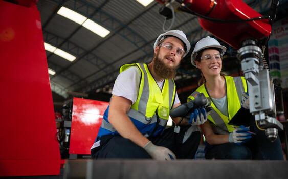 ambos de ingenieros instalando y pruebas un grande robótico brazo. antes de enviando eso a clientes para utilizar en el industria foto