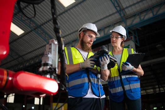 ambos de ingenieros instalando y pruebas un grande robótico brazo. antes de enviando eso a clientes para utilizar en el industria foto