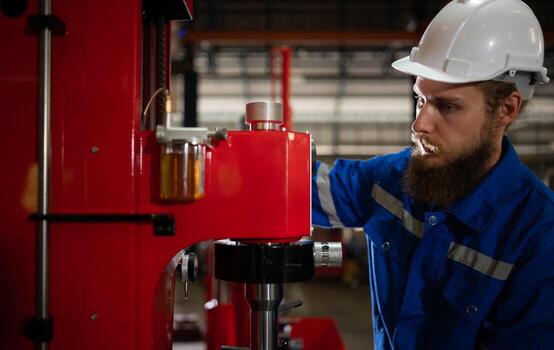 Mechanical engineers are checking the working condition of the new machine after completing the installation photo