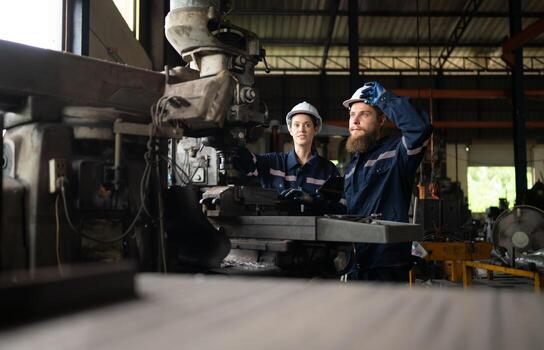 Both of mechanical engineers are checking the working condition of an old machine that has been used for some time. In a factory where natural light shines onto the workplace photo