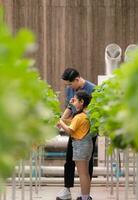 A father and daughter visit an organic strawberry garden on a closed farm. Have fun picking strawberries together. photo