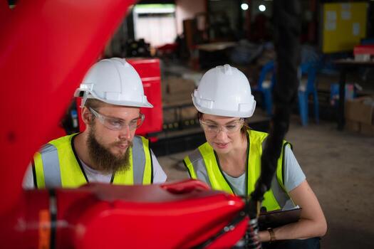 ambos de ingenieros instalando y pruebas un grande robótico brazo. antes de enviando eso a clientes para utilizar en el industria foto