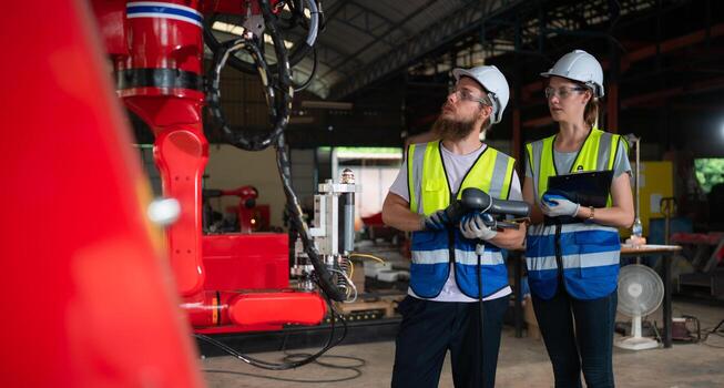 ambos de ingenieros instalando y pruebas un grande robótico brazo. antes de enviando eso a clientes para utilizar en el industria foto