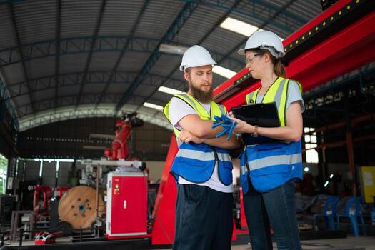 ambos de ingenieros instalando y pruebas un grande robótico brazo. antes de enviando eso a clientes para utilizar en el industria foto