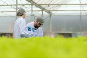 científicos son conductible investigación y desarrollo en el cultivo de orgánico vegetales en un cerrado granja. foto