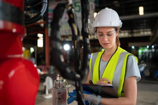 un ingenieros instalando y pruebas un grande robótico brazo. antes de enviando eso a clientes para utilizar en el industria foto