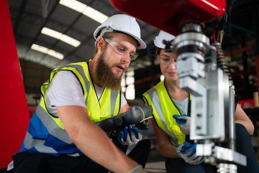 ambos de ingenieros instalando y pruebas un grande robótico brazo. antes de enviando eso a clientes para utilizar en el industria foto