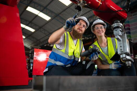 ambos de ingenieros instalando y pruebas un grande robótico brazo. antes de enviando eso a clientes para utilizar en el industria foto