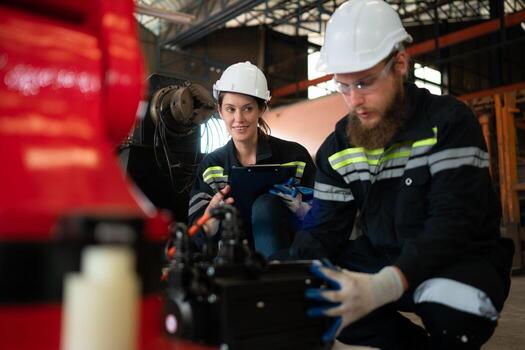 ambos de ingenieros instalando un pequeño robótico brazo es siendo instalado para pruebas. antes de enviando a clientes para industrial usar. foto