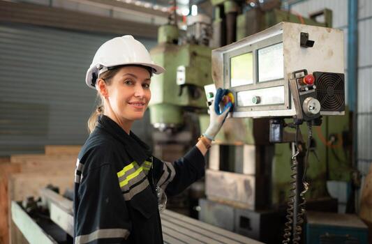 Portrait of mechanical engineers are checking the working condition of an old machine that has been used for some time. In a factory where natural light shines onto the workplace photo