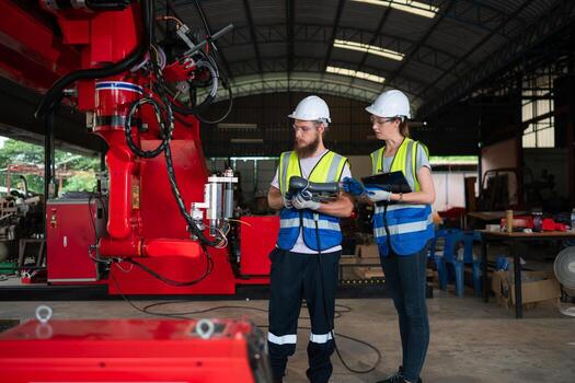 ambos de ingenieros instalando y pruebas un grande robótico brazo. antes de enviando eso a clientes para utilizar en el industria foto