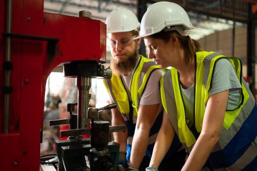 Both of mechanical engineers are checking the working condition of the new machine after completing the installation photo